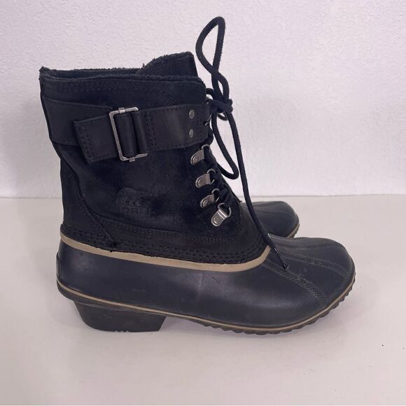 Sorel Black Leather Mid Calf Lace Up Winter Boots - Picture 3 of 10